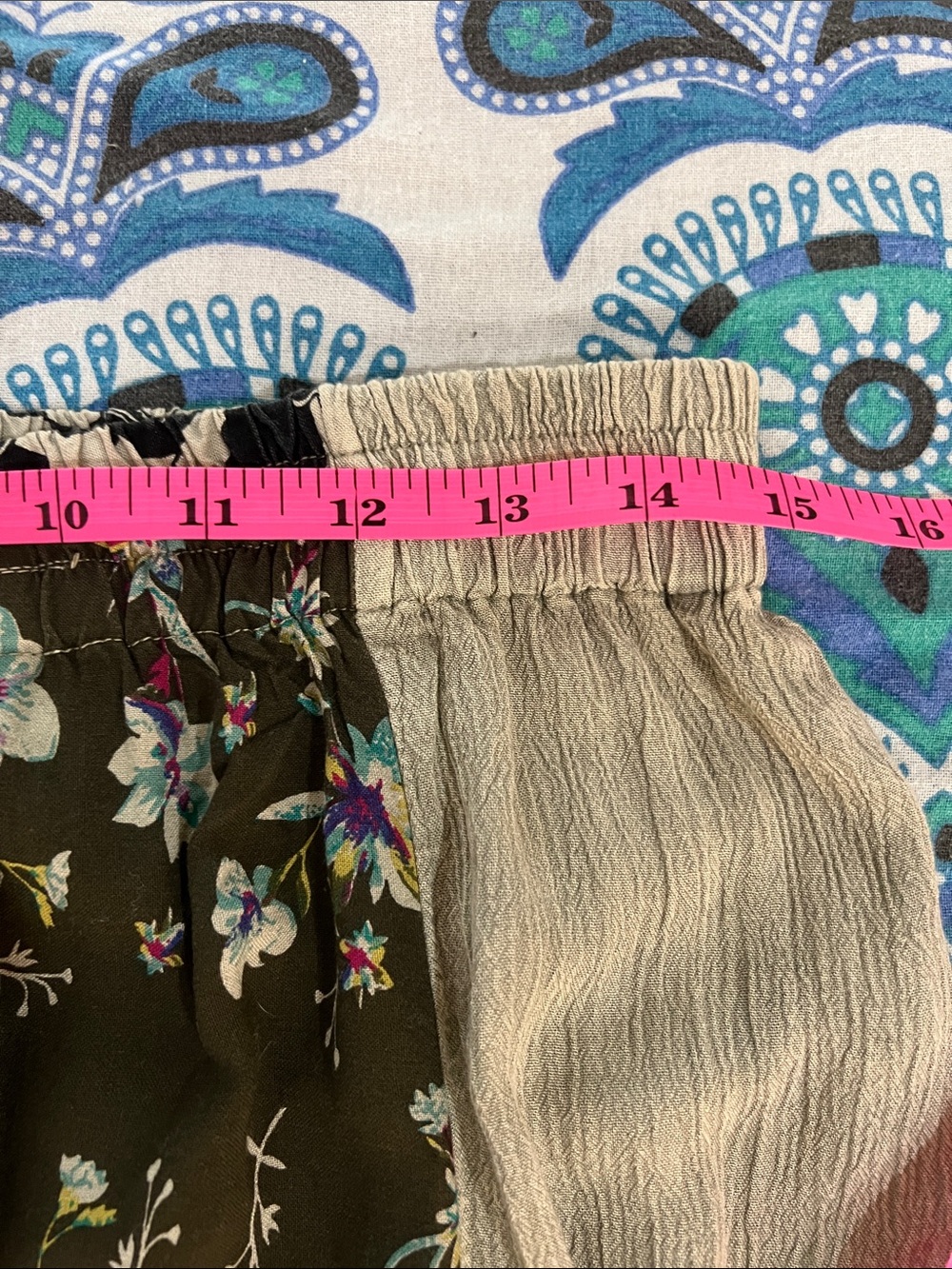 Patchwork Floral Flowy Pants in Olive, Blue & Cream - Picture 6 of 7